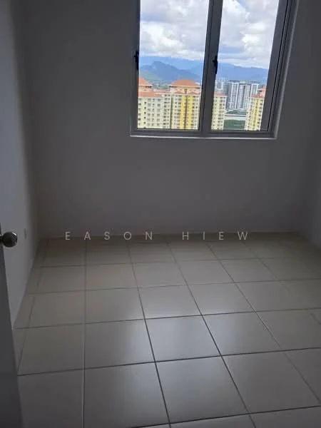 Room features: white painted walls, tile flooring, floor-to-ceiling windows, city view; view: city.