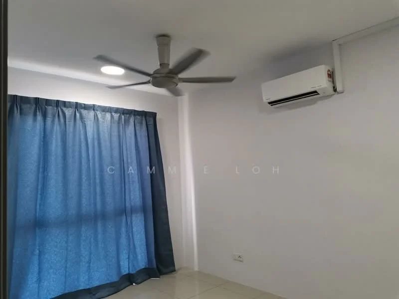 Room features: white painted walls, ceiling fan, wall-mounted split AC, blue curtain, tile flooring, window with natural light.
