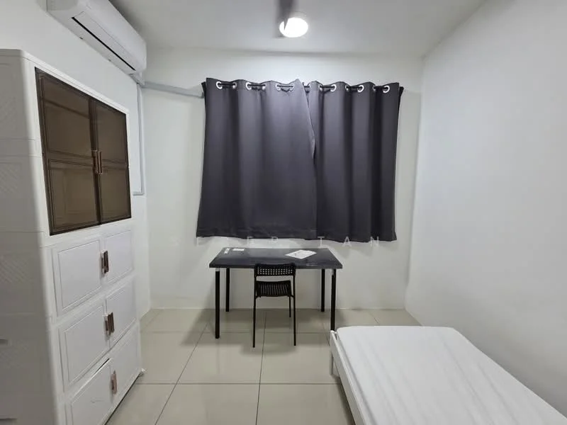 Bedroom features: white walls, grey curtains, single bed frame, mattress on bed frame, black study desk, black chair, built-in wardrobe with glass doors, air conditioning unit, tile flooring, ceiling light fixture; style: modern.