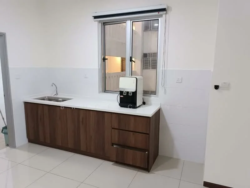 Kitchen features: single-bowl stainless-steel sink, chrome pull-down faucet, white quartz countertop, wood cabinetry with brown finish, two drawers, one cabinet door, white tiled backsplash, ceramic tile flooring, window with white frame, built-in coffee machine; style: modern.