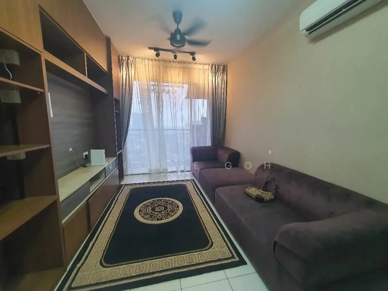 Living features: 3-seater fabric sofa in dark purple, 2-seater fabric sofa in dark purple, coffee table, TV console, wall-mounted TV, area rug with geometric pattern, ceiling fan, floor-to-ceiling windows, sheer curtains, dark wood shelving unit, white tiled flooring, decorative wall art; style: modern; view: city.