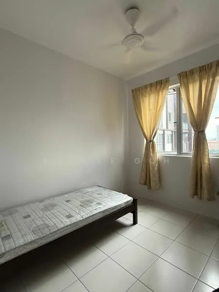 Bedroom features: single bed frame, mattress, white painted walls, cream curtains, floor-to-ceiling window, ceiling fan, tile flooring.