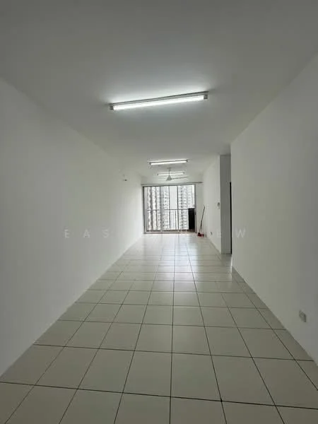 Room features: white painted walls, tile flooring, fluorescent ceiling lights, large windows, city view, open layout, neutral color scheme, no visible furniture; style: modern; view: city.