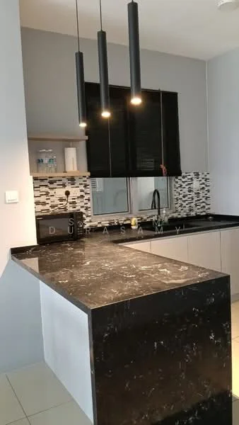 Kitchen features: black marble countertop, white cabinetry, black pendant lights, grey walls, black and white mosaic tile backsplash, single-bowl stainless-steel sink, chrome pull-down faucet, window with black blinds, ceramic tile flooring; style: modern.