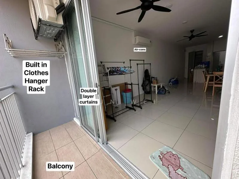 Room features: balcony, built-in clothes hanger rack, double layer curtains, air conditioning unit, floor-to-ceiling sliding glass door, ceramic tile flooring, ceiling fan, light-colored walls, open space layout; style: modern; view: city.