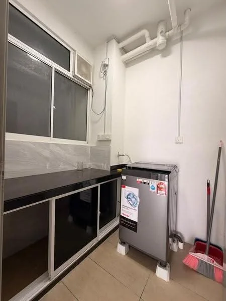 Laundry features: black countertop, white walls, tile flooring, single-door fridge, window for natural light, washing machine, shelves for storage, cleaning supplies, plumbing pipes visible; style: modern.
