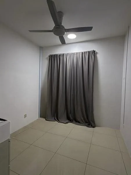 Room features: white painted walls, tile flooring, ceiling fan, grey curtains, recessed ceiling light.