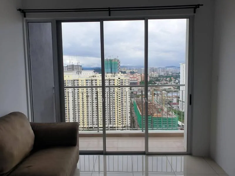 Room features: floor-to-ceiling sliding glass door, city skyline view, cream painted walls, light-colored tiled flooring, sofa in beige fabric, curtain rod with sheer curtains; style: modern; view: city.