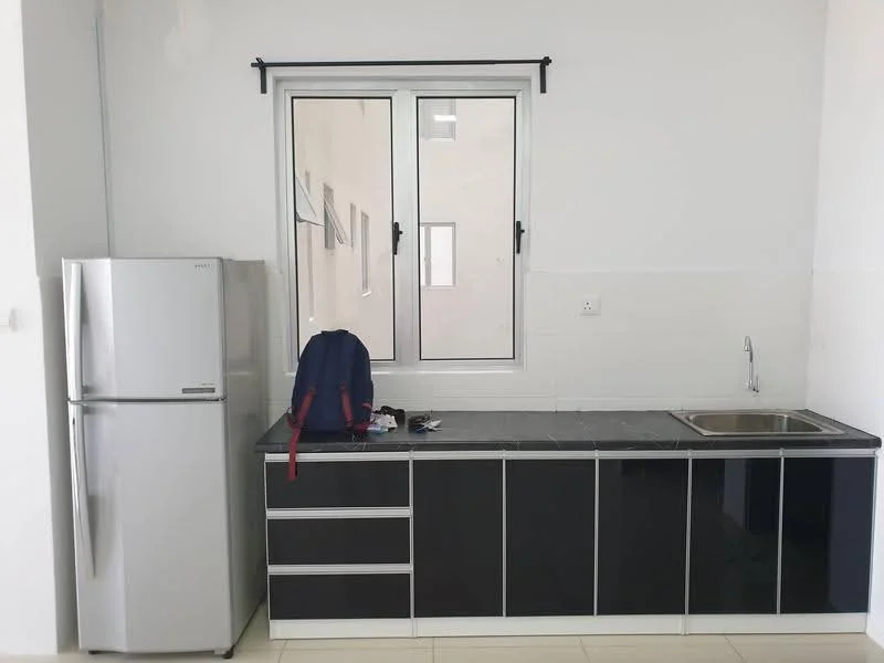 Kitchen features: stainless-steel sink, chrome pull-down faucet, black cabinetry with white countertop, refrigerator, window with black frame, tile backsplash, wall-mounted storage, light-colored tiled flooring; style: modern.
