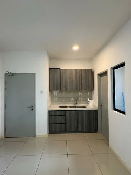 Kitchen features: grey cabinetry, white countertop, single-bowl stainless-steel sink, chrome pull-down faucet, built-in kitchen cabinets, tile backsplash, recessed ceiling lights, floor-to-ceiling window, ceramic tile flooring; style: modern.
