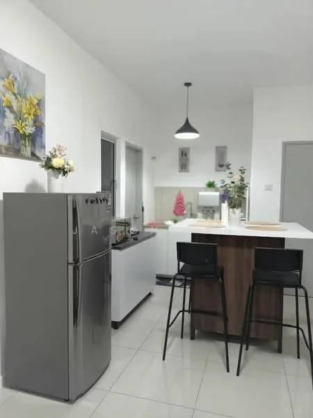 Kitchen features: stainless-steel fridge, white cabinetry, black bar stools, white countertop, pendant light, wall-mounted artwork with floral design, ceramic tile flooring, open layout, kitchen island, sink, decorative plants, grey wall, window with natural light; style: modern.
