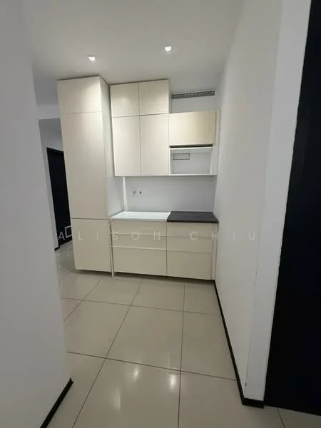 Kitchen features: white cabinetry, black countertop, built-in oven, stainless-steel sink, chrome pull-down faucet, ceramic tile flooring, recessed downlights, wall-mounted range hood; style: modern.