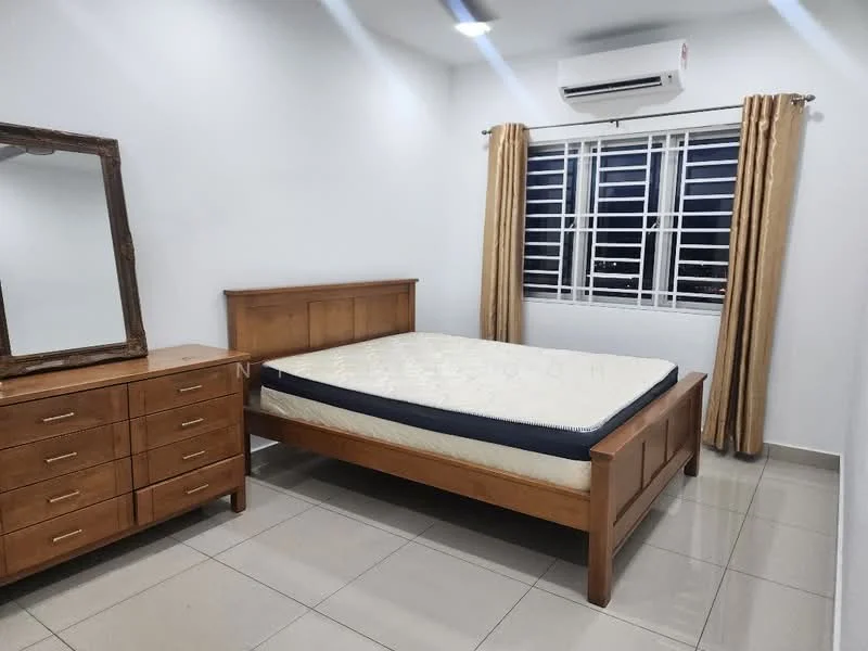 Bedroom features: queen-size bed, wooden bed frame, mattress without bedding, wooden dresser with six drawers, mirror on dresser, floor-to-ceiling window, white window blinds, cream curtains, wall-mounted split AC, light-colored tiled flooring, white painted walls, recessed ceiling lights; style: modern; view: city.