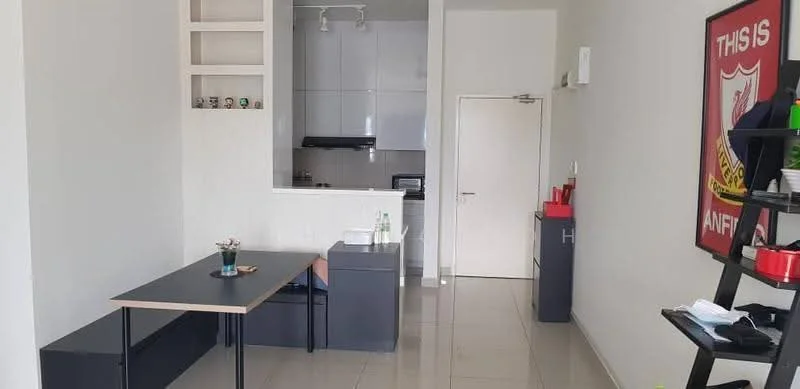 Living features: grey tiled flooring, white painted walls, open kitchen layout, black dining table with two chairs, kitchen island with storage, built-in kitchen cabinetry, black refrigerator, wall-mounted kitchen hood, stainless-steel sink, decorative wall art, shelf with decorative items, door leading to another room, recessed lighting, window with natural light; style: modern.