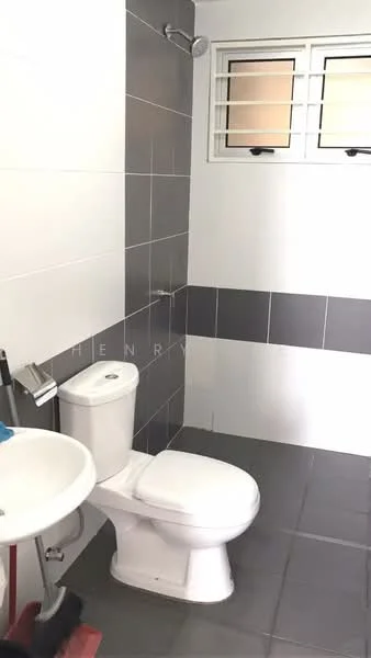 Bathroom features: white ceramic toilet, chrome toilet paper holder, grey tiled walls, white tiled walls, grey floor tiles, shower head, window with security bars, wall-mounted towel rack; style: modern.