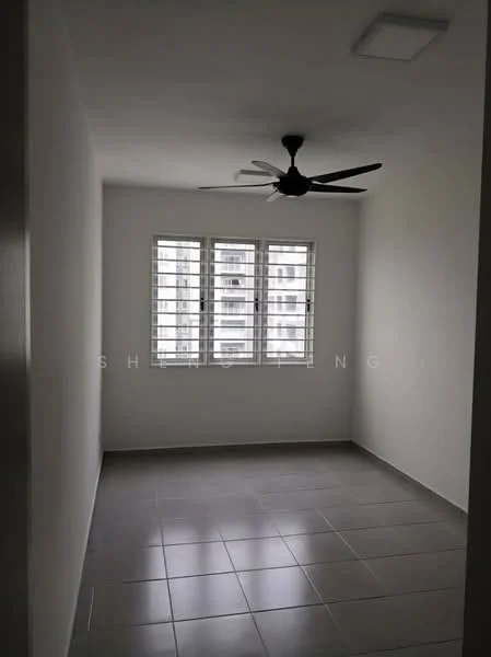 Room features: white painted walls, grey tiled flooring, 5-blade ceiling fan, sliding windows with metal grilles, natural light from windows.