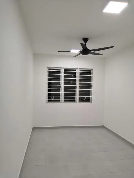 Room features: white painted walls, grey tile flooring, 5-blade ceiling fan, horizontal sliding windows with grills, recessed LED downlights; style: modern.