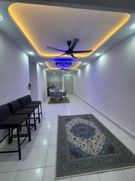 Room features: white painted walls, recessed ceiling with LED strip lighting, 5-blade ceiling fan with light, white tile flooring, decorative area rug with intricate pattern, bar stools, dining table visible in background, wall-mounted light fixtures; style: modern.