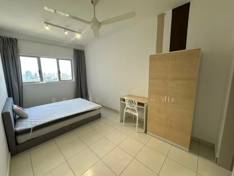Bedroom features: queen-size bed, grey upholstered bed frame, white mattress, white desk with chair, floor-to-ceiling window, grey curtains, ceiling fan, light-colored tiled flooring, wooden wardrobe, decorative wall panel; style: modern; view: city.
