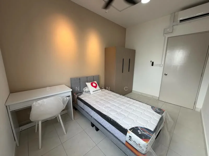 Bedroom features: single bed, upholstered headboard, mattress with protective cover, study desk, white desk chair, built-in wardrobe, floor-to-ceiling window, light-colored walls, tile flooring, ceiling fan; style: modern.
