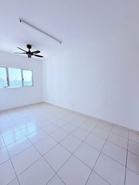 Room features: white painted walls, tile flooring, ceiling fan, floor-to-ceiling windows, natural light, neutral color scheme; style: modern; view: city.