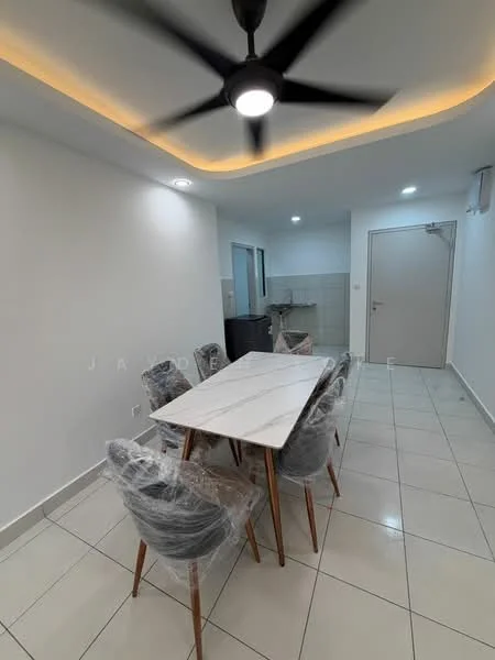 Dining features: rectangular dining table with marble top, 6 upholstered dining chairs, white painted walls, recessed downlights, 5-blade ceiling fan with light, tile flooring, open kitchen view, neutral color scheme; style: modern.