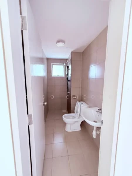 Bathroom features: white tiled walls, light beige tiled flooring, one-piece toilet, wall-mounted sink, single mirror, ceiling light fixture, window for natural light; style: modern.