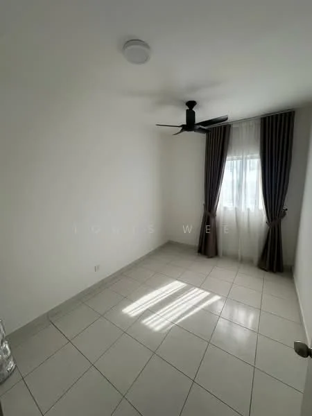 Room features: white painted walls, tile flooring, 5-blade ceiling fan, floor-to-ceiling window, sheer curtains, dark brown curtains, natural light from window, light fixture on ceiling; style: modern.