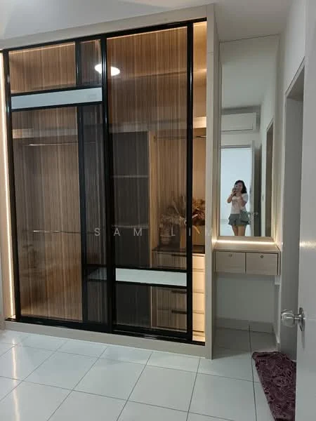 Room features: built-in wardrobe with glass sliding doors, wood paneling, white cabinetry, mirror, recessed ceiling lights, white tiled flooring, decorative wall art, vanity area with drawers; style: modern.