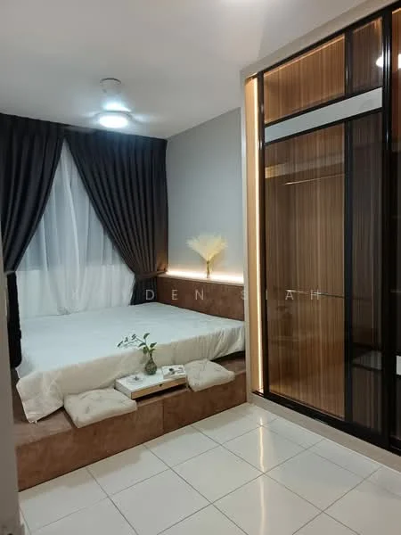 Bedroom features: queen-size bed with white bedding, floor-to-ceiling windows with sheer curtains, dark grey curtains, wooden accent wall, white tiled flooring, recessed ceiling lights, decorative plant on bedside table, built-in wardrobe with glass doors, minimalist bedside table, wall-mounted light fixture; style: modern.