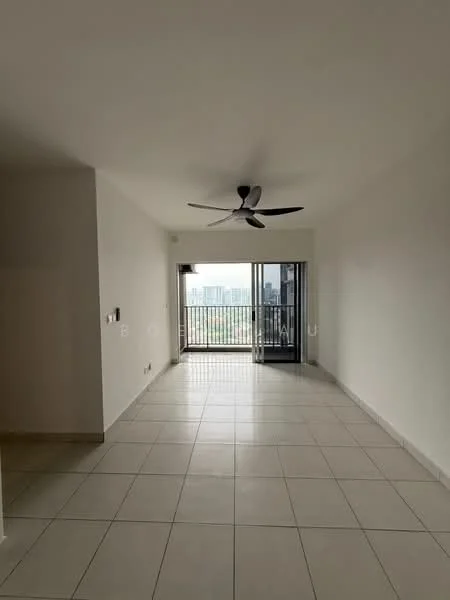 Living features: white painted walls, tile flooring, 5-blade ceiling fan, floor-to-ceiling sliding glass door, balcony access, natural light from balcony, open layout, neutral color scheme; style: modern; view: city.