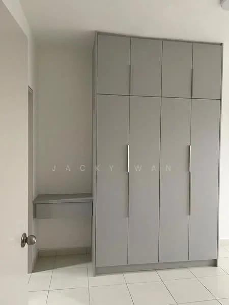 Room features: built-in wardrobe with grey finish, six cabinet doors, integrated desk or shelf, white tiled flooring, neutral wall colour, modern handles, minimalist design; style: modern.
