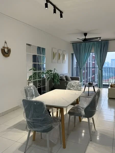 Dining features: white dining table, 4 grey upholstered dining chairs, pendant light fixture, floor-to-ceiling windows, curtains in light blue, decorative wall mirror, indoor plant, tile flooring; style: modern; view: city. Living features: grey fabric sofa, coffee table, decorative artwork on walls; style: modern; view: city.