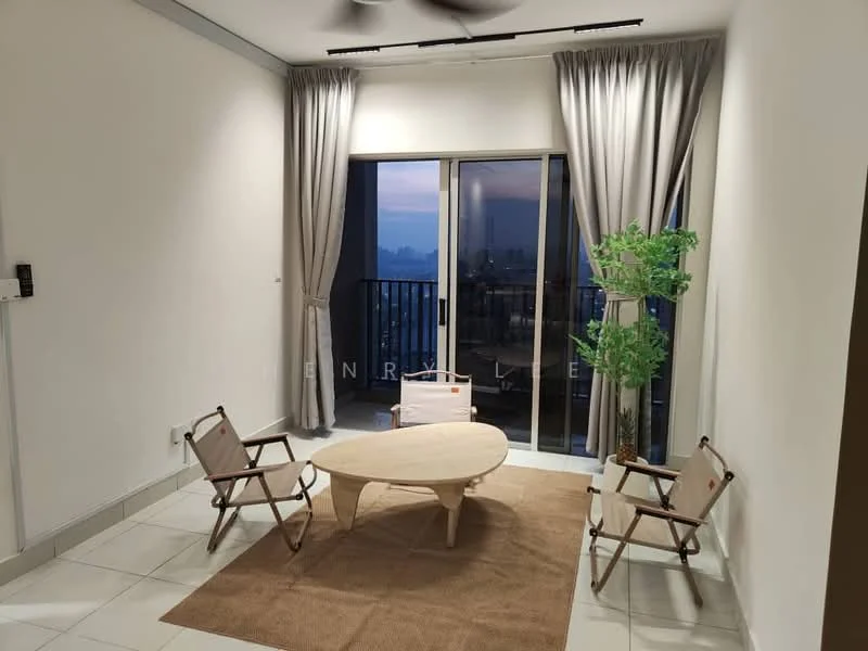 Living features: white painted walls, tile flooring, 5-blade ceiling fan, floor-to-ceiling sliding glass door, sheer curtains, wooden coffee table, 2 folding chairs, area rug with neutral color, potted plant; style: modern; view: city.