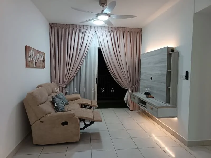 Living features: cream tiled flooring, white painted walls, recessed downlights, 5-blade ceiling fan with light, large sliding glass door, floor-to-ceiling curtains, light grey wall-mounted TV unit, reclining beige sofa, decorative wall art, LED strip lighting under TV unit; style: modern.