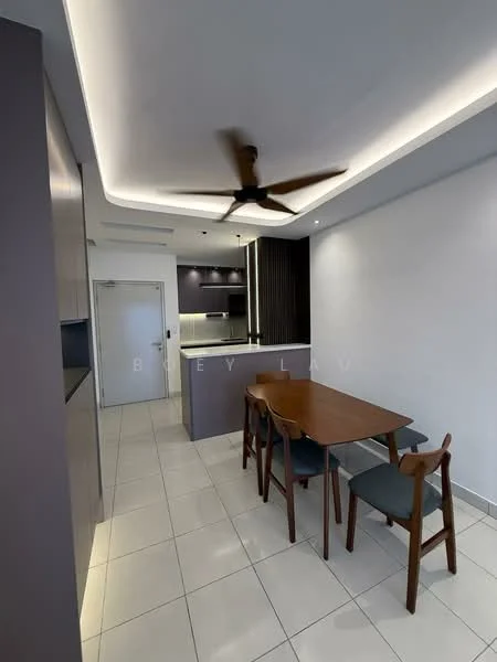 Dining features: 4-seater wooden dining table, grey upholstered dining chairs, white walls, recessed ceiling lights, 5-blade ceiling fan, tile flooring, open-plan layout to kitchen, kitchen island with bar seating; style: modern. Kitchen features: dark cabinetry, stainless-steel appliances, white countertop, built-in oven, induction cooktop, backlit cabinetry, tile backsplash; style: modern.