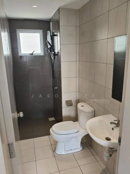 Bathroom features: white toilet, wall-mounted faucet, single sink, shower with glass partition, rain shower head, tile flooring, grey wall tiles, white wall tiles, mirror, window for natural light; style: modern.