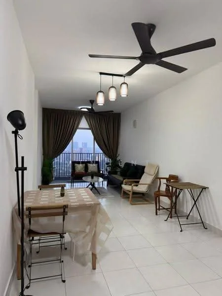 Living features: white painted walls, white tiled flooring, 5-blade ceiling fan with light, 3 pendant lights, floor-to-ceiling windows, sheer curtains, blackout curtains, sofa in dark color, coffee table, dining table with checkered tablecloth, 4 dining chairs, armchair, decorative plant, side table; style: modern; view: city.