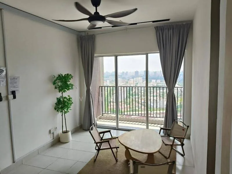 Living features: floor-to-ceiling windows, sliding glass door, 5-blade ceiling fan, light grey walls, white tiled flooring, area rug, wooden coffee table, 2 fabric chairs, indoor plant, curtains; style: modern; view: city.
