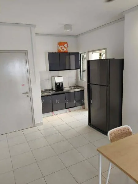 Kitchen features: grey cabinetry, double-bowl stainless-steel sink, chrome pull-down faucet, black refrigerator, built-in coffee machine, white tiled backsplash, white walls, tile flooring, window with view to outside, light fixture on ceiling, table with white legs and wooden top; style: modern.