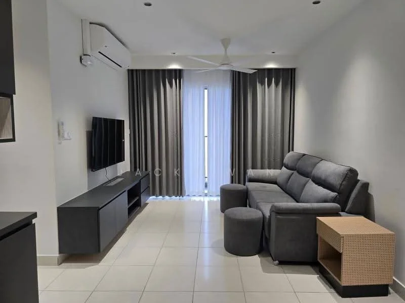 Living features: grey fabric 3-seater sofa, round grey ottoman, black TV console, wall-mounted TV, white walls, recessed downlights, 5-blade ceiling fan, floor-to-ceiling windows with sheer curtains, ceramic tile flooring, black accent wall; style: modern.