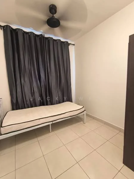 Bedroom features: single bed frame without mattress, grey curtains, white painted walls, tile flooring, ceiling fan.