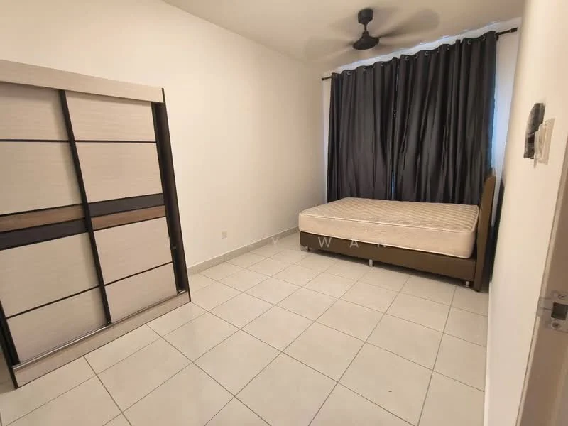 Bedroom features: white painted walls, tile flooring, ceiling fan, queen-size bed, upholstered bed frame, built-in wardrobe with sliding doors, blackout curtains, window with natural light; style: modern.