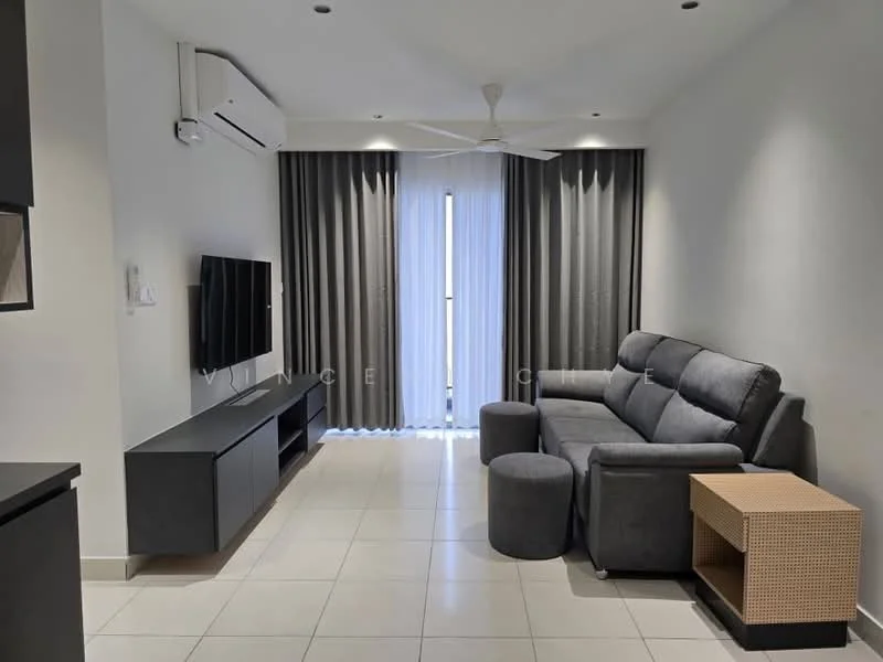 Living features: grey fabric sofa, round ottoman, black TV console, wall-mounted TV, white walls, grey curtains, recessed downlights, split air conditioning unit, tile flooring, ceiling fan; style: modern.