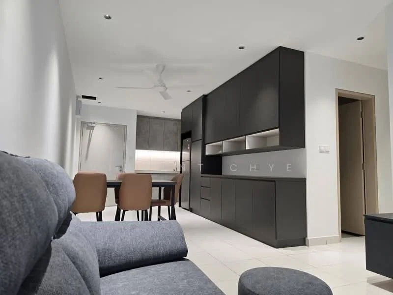 Living features: grey fabric sofa, coffee table, 5-blade ceiling fan with light, white painted walls, tile flooring, recessed downlights, open-plan layout, dining table with four chairs, kitchen cabinetry in dark finish, kitchen countertop with integrated sink, built-in oven, refrigerator, doorway leading to hallway; style: modern.
