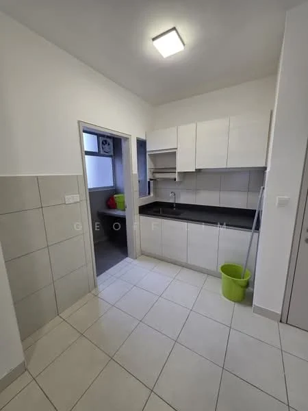 Kitchen features: white cabinetry, black countertop, single-bowl stainless-steel sink, chrome pull-down faucet, ceramic tile flooring, wall-mounted cabinet, tile backsplash, window above sink, green trash bin; style: modern.