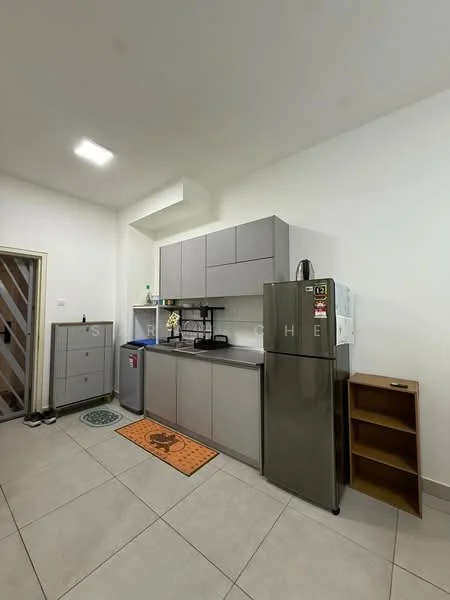 Kitchen features: grey cabinetry, stainless-steel fridge, built-in countertop with sink, ceramic tile flooring, white painted walls, recessed ceiling lights, kitchen rug, open shelving, coffee machine, microwave, kettle, dish rack; style: modern.