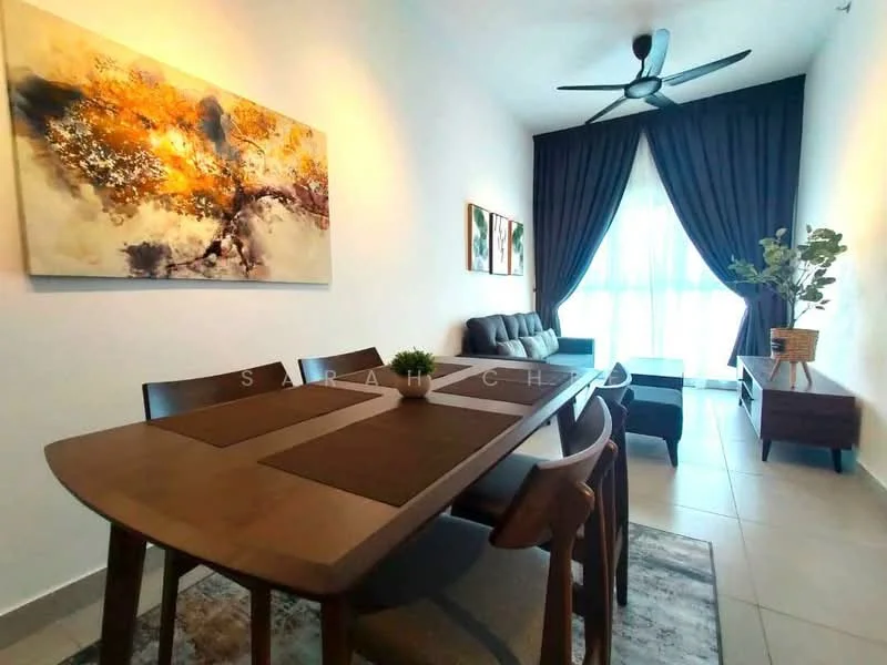 Dining features: wooden dining table, 4 dining chairs, pendant light, floor-to-ceiling windows, blackout curtains, decorative wall art, light grey tiled flooring, greenery in ceramic pot, sofa in grey, TV console, wall-mounted TV; style: modern.