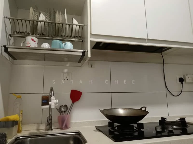 Kitchen features: white cabinetry, stainless-steel sink, single-bowl stainless-steel sink, chrome pull-down faucet, black gas hob, wok, white tiled backsplash, open shelving with plates and cups, kitchen utensils, countertop with light-colored surface, wall-mounted range hood, kitchen spatula, cleaning spray bottle; style: modern.