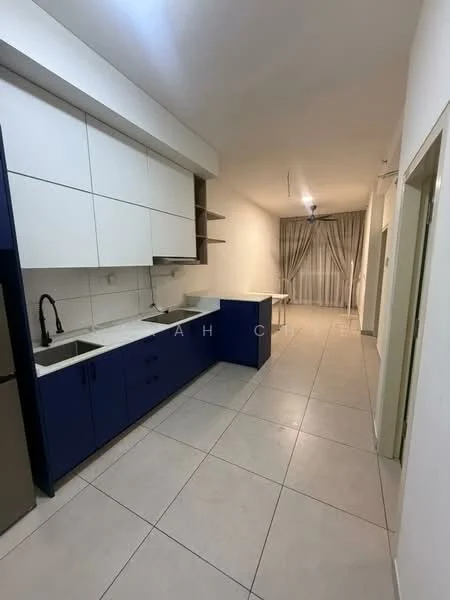 Kitchen features: blue cabinetry, white upper cabinets, double-bowl stainless-steel sink, chrome pull-down faucet, white countertop, ceramic tile flooring, recessed downlights, wall-mounted refrigerator, open shelving, neutral wall colour, curtains, dining area visible in background; style: modern.